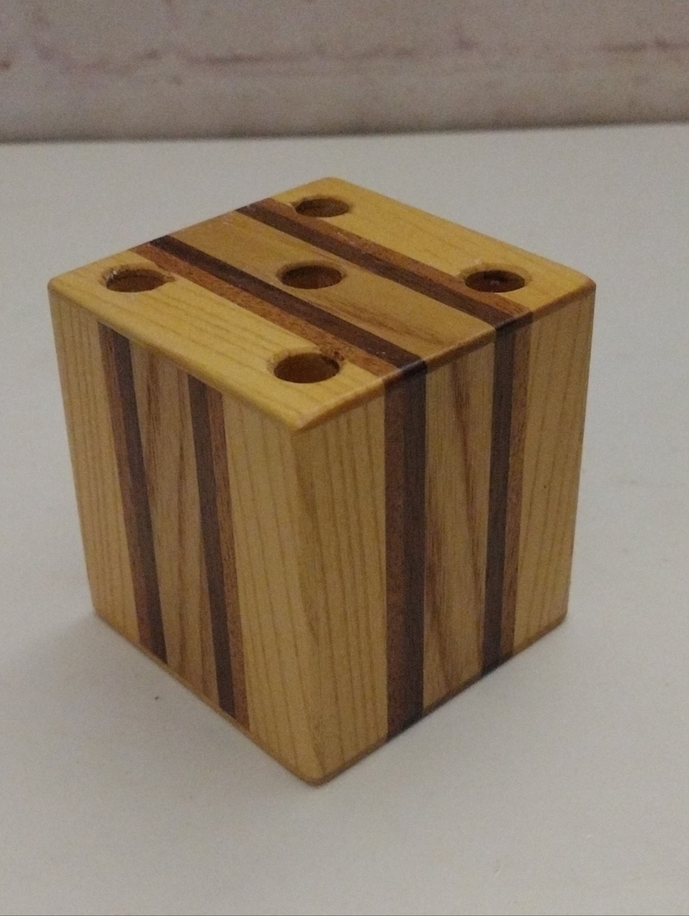 MCM Hand Crafted Wood Cube 5 Hole Pencil/Pen Holder Multi Tone Desktop Decor